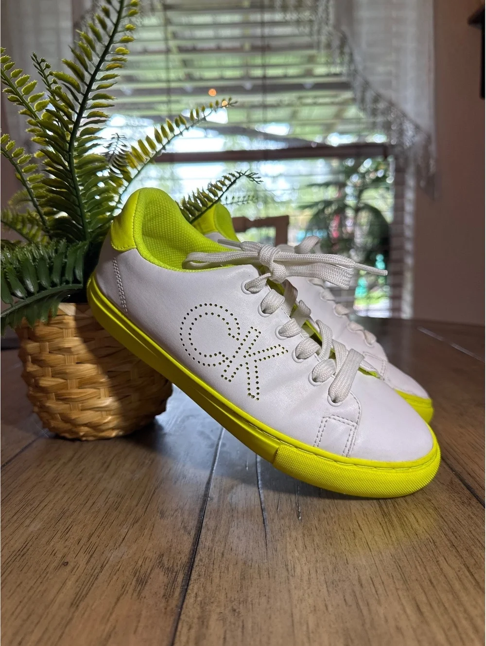 Calvin Klein Women’s White & Neon Yellow Lace-Up Sneakers Size 7.5